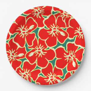 Red Hibiscus Flowers Tropical Hawaiian Luau Papieren Bordje