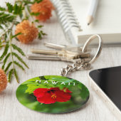 Red Hibiscus Hawaii Tropische Bloem Sleutelhanger (Zijkant)