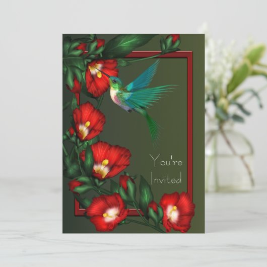 Red Hibiscus Hummingbird Party Uitnodiging (Staand voorkant)