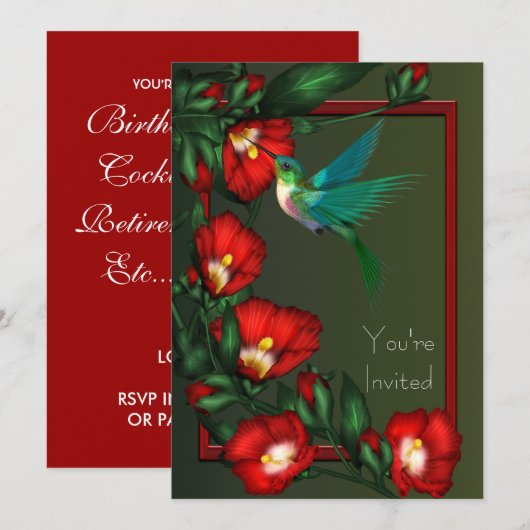 Red Hibiscus Hummingbird Party Uitnodiging (Voorkant / Achterkant)