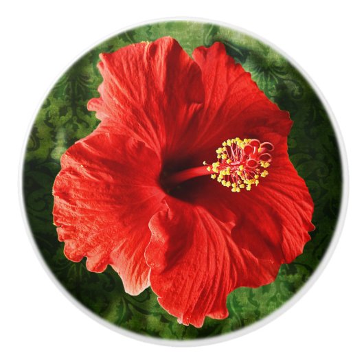 Red Hibiscus Keramische Knop (Voorkant)