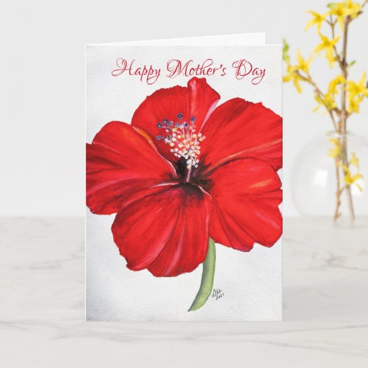 Red Hibiscus Moederdag Kaart (Gele Bloem)