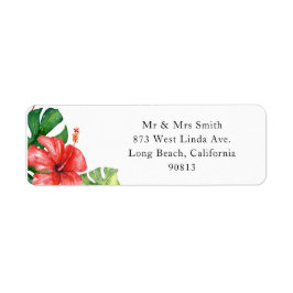 Red Hibiscus Monstera Tropical Return Address Etiket