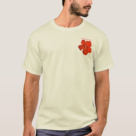 Red Hibiscus Pocket T-Shirt ~ "THINK KAUAI" (Voorkant)