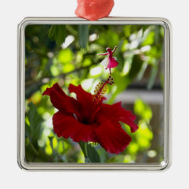 Red Hibiscus Shadow Fairy Metal Ornament