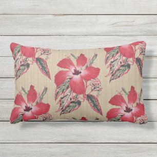 Red Hibiscus Splash op Taupe Lumbar Sierkussen Buitenkussen