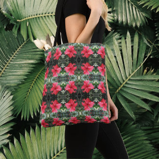 Red Hibiscus Tegel Pattern Tropical Tote Bag