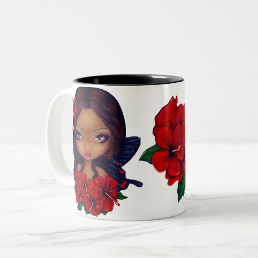 Red Hibiscus Tiki Fairy Tweekleurige Koffiemok (Voorkant links)