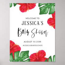 Red Hibiscus Tropical Baby shower Welkom Poster