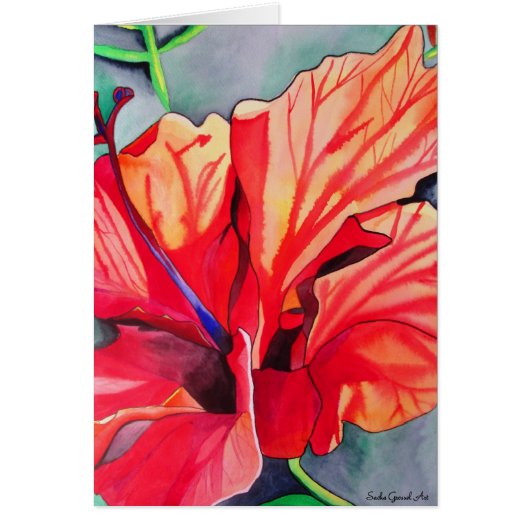 Red Hibiscus tropische bloem waterverf kunst (Voorkant)