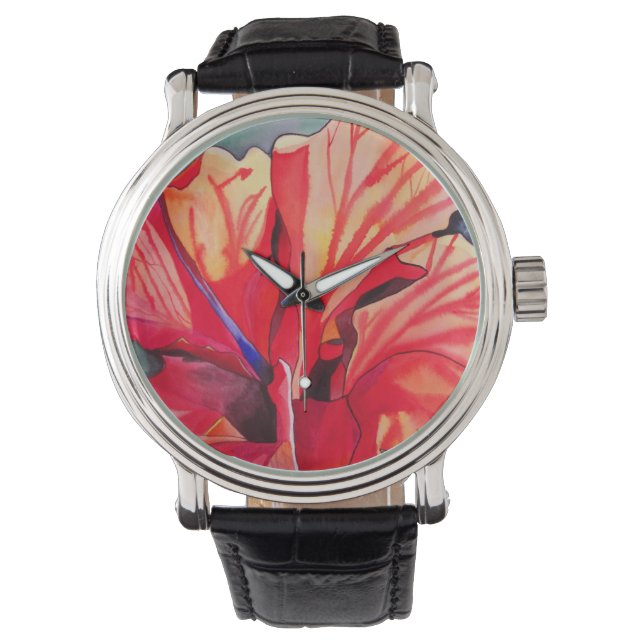 Red Hibiscus tropische bloem waterverf kunst Horloge (Voorkant)