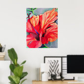 Red Hibiscus tropische bloem waterverf kunst Poster (Thuiskantoor)