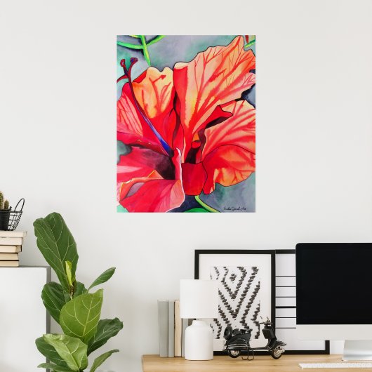 Red Hibiscus tropische bloem waterverf kunst Poster (Thuiskantoor)
