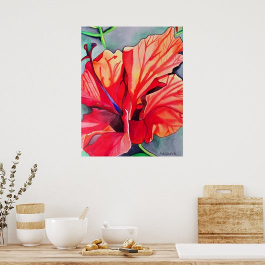 Red Hibiscus tropische bloem waterverf kunst Poster (Keuken)