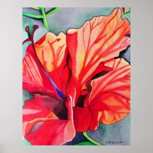 Red Hibiscus tropische bloem waterverf kunst Poster