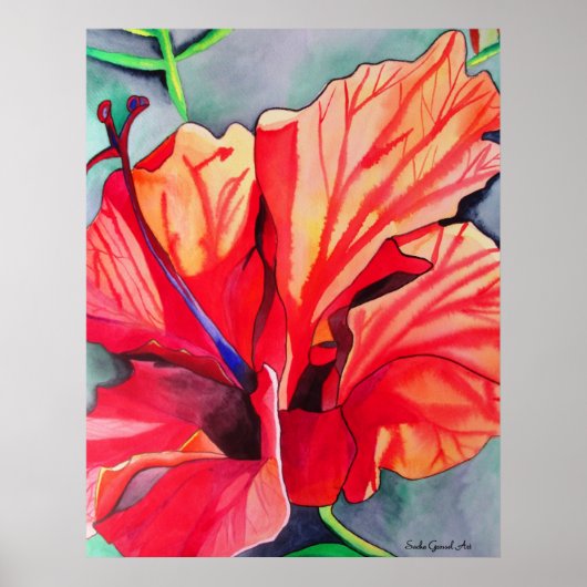 Red Hibiscus tropische bloem waterverf kunst Poster (Voorkant)