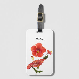 Red Hibiscus Waterverf Flowers Bagagelabel
