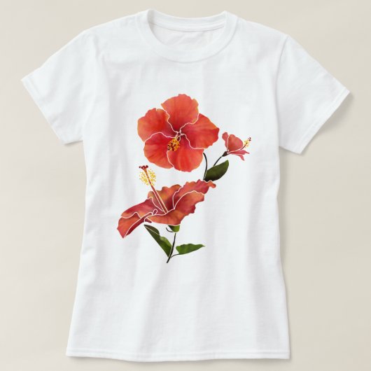 Red Hibiscus Waterverf Flowers T-shirt (Design voorkant)