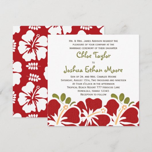 Red Hibiscus Wedding Invitations Kaart (Voorkant / Achterkant)