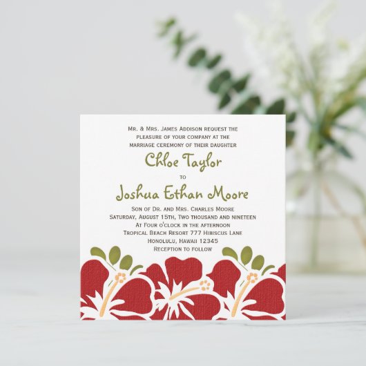 Red Hibiscus Wedding Invitations Kaart (Staand voorkant)