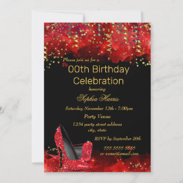 Red High Heels Gold Black glitter Birthday party Kaart