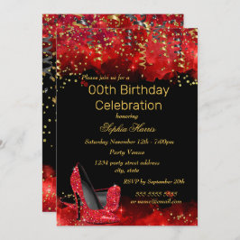 Red High Heels Gold Black glitter Birthday party Kaart