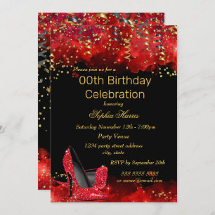 Red High Heels Gold Black glitter Birthday party Kaart
