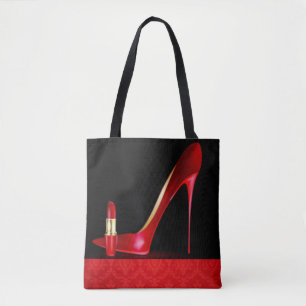 Red High Hiel Lipstick Damask Patroon Afdrukontwer Tote Bag