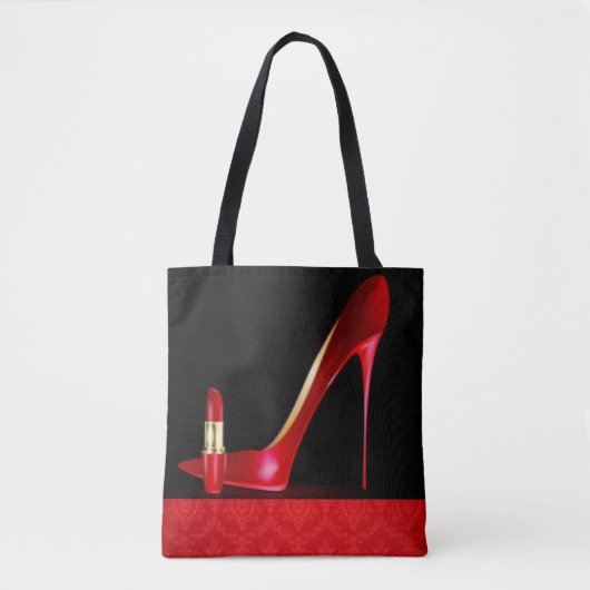 Red High Hiel Lipstick Damask Patroon Afdrukontwer Tote Bag (Voorkant)