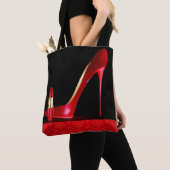 Red High Hiel Lipstick Damask Patroon Afdrukontwer Tote Bag (Dichtbij)