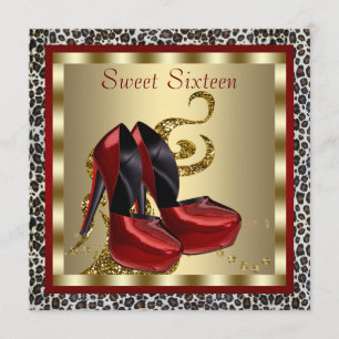 Red High Hiel Shoes Leopard Sweet Sixteen Birthday Kaart