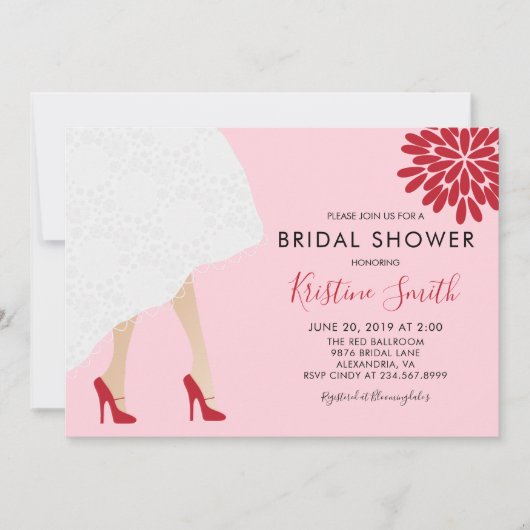 Red High Hiel Shower Bridal Shower Invitation, Roz Kaart (Voorkant)