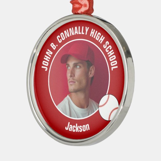 Red High School Baseball Player Photo Christmas Metalen Ornament (Links)