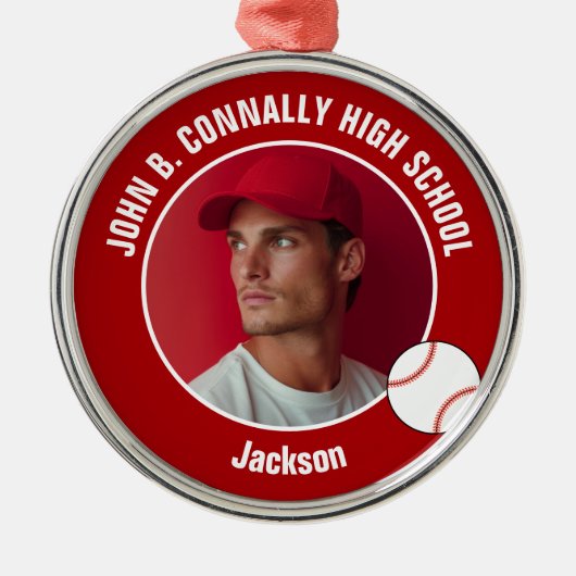 Red High School Baseball Player Photo Christmas Metalen Ornament (Voorkant)