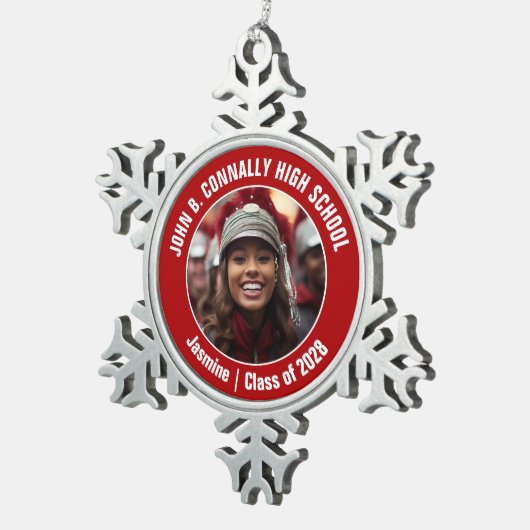 Red High School Marching Band Fotocadeau Tin Sneeuwvlok Ornament (Rechts)