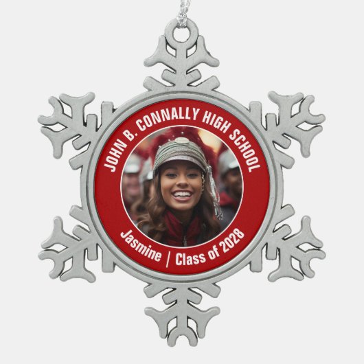 Red High School Marching Band Fotocadeau Tin Sneeuwvlok Ornament (Voorkant)
