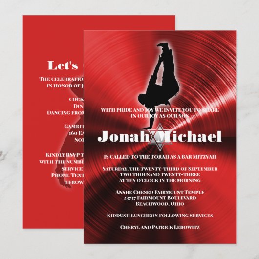 Red Hip-Hop Dance Dancer Bar Mitzvah Uitnodiging (Voorkant / Achterkant)