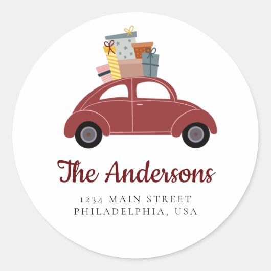 Red Holiday Car met Stack of Gifts Address Ronde Sticker (Voorkant)