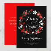 Red Holiday Floral Wreath Merry & Bright Kerstmis Feestdagenkaart (Voorkant / Achterkant)