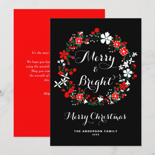 Red Holiday Floral Wreath Merry & Bright Kerstmis Feestdagenkaart (Voorkant / Achterkant)