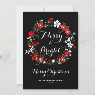 Red Holiday Floral Wreath Merry & Bright Kerstmis Feestdagenkaart