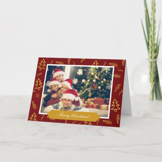 Red Holiday Foto van Gold Foil kerstboom Pattern Kaart (Voorkant)