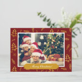 Red Holiday Foto van Gold Foil kerstboom Pattern Kaart (Staand voorkant)
