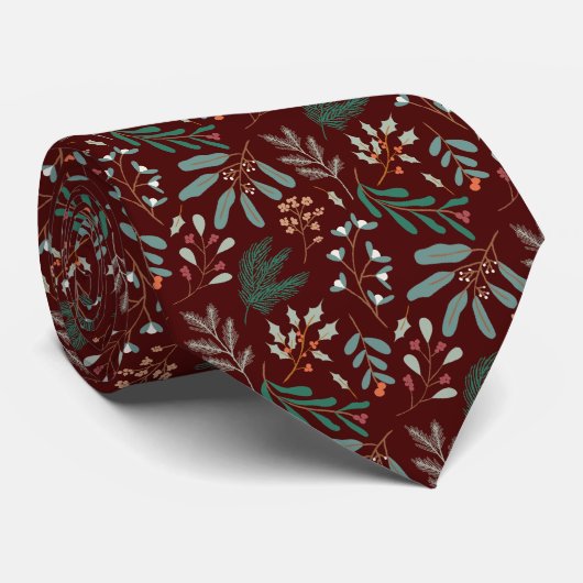Red Holiday Greenery Pattern Stropdas (Opgerold)