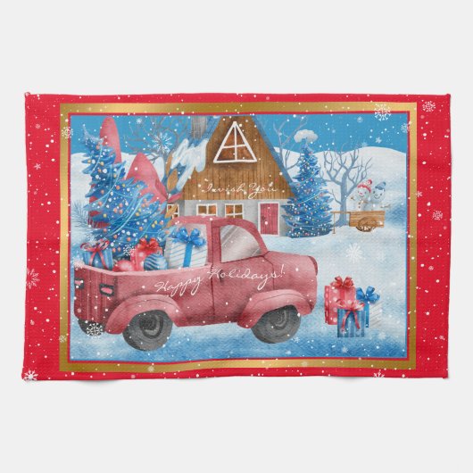 Red Holiday kersttruck aanpassen Theedoek (Horizontaal)
