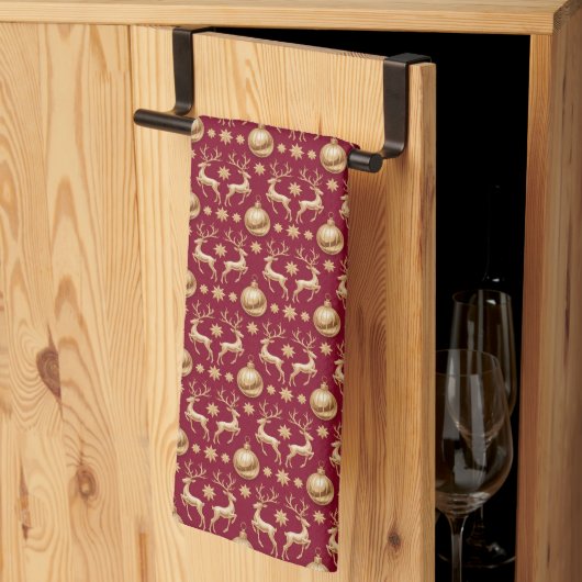 Red Holiday Kitchen Towels with Golden Reindeer Theedoek (Derde Gevouwen)
