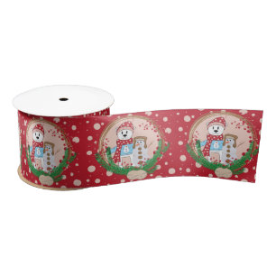 Red Holiday Ribbon Pink Stippen Polar Beer in Snow Satijnen Lint