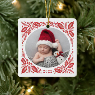Red Holly 2 Foto met jaarlijkse kerst Keramisch Ornament