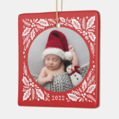 Red Holly 2 Foto met jaarlijkse kerst Keramisch Ornament (Links)