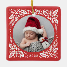 Red Holly 2 Foto met jaarlijkse kerst Keramisch Ornament
